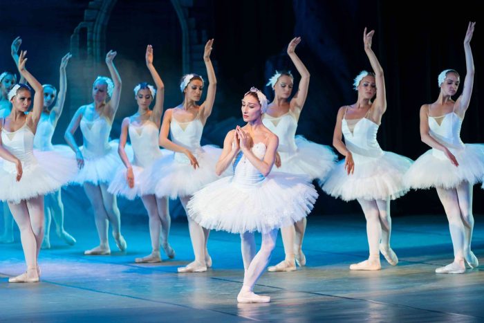 An elegant dance performed in pointe shoes